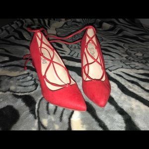 lace up red suede heels